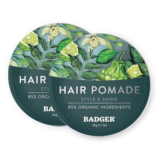 Badger Hair Pomade for Men, Organic, Easy to Use, Subtle Masculine Scent, Medium Hold Hair Pomade with Medium Shine Finish, Nourishes Hair & Scalp 2 oz Tin, 2-Pack