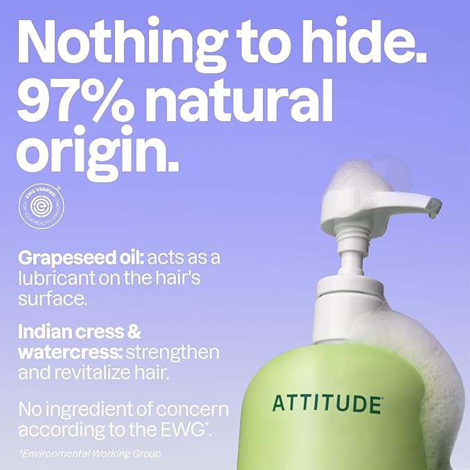 ATTITUDE Nourishing Hair Shampoo, EWG Verified, For Dry and Damaged Hair, Naturally Derived Ingredients, Vegan and Plant Based, Grapeseed Oil and Olive Leaves, 32 Fl Oz (Pack of 6)