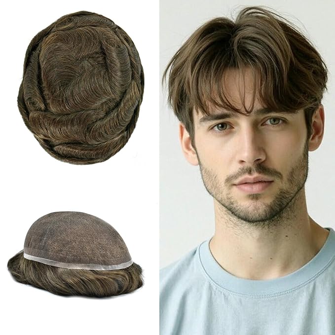 Toupee For Men Real Human Hair System Full Swiss Lace Mens Toupee Lace Hair Piece For Men Hair System Bleached Knots 7x9-80% light density4# MEDIUM BROWN