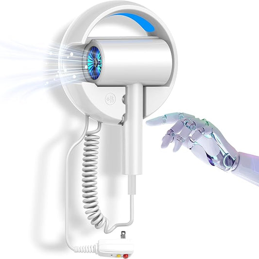 110V Hotel Wall Mounted Hair Dryer for Bathroom（with Night Light） Professional Styling HairDryer for Salon【Blue Light Negative Ions】 Fast Drying Restroom Blow Dryer，Matte Texture - Pearly White