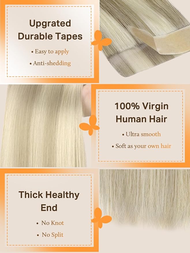 DOORES Tape in Human Hair Extensions - Ash Blonde Highlighted Platinum Blonde, 22 Inch, 30g, 10pcs - Straight Real Hair Tape-ins