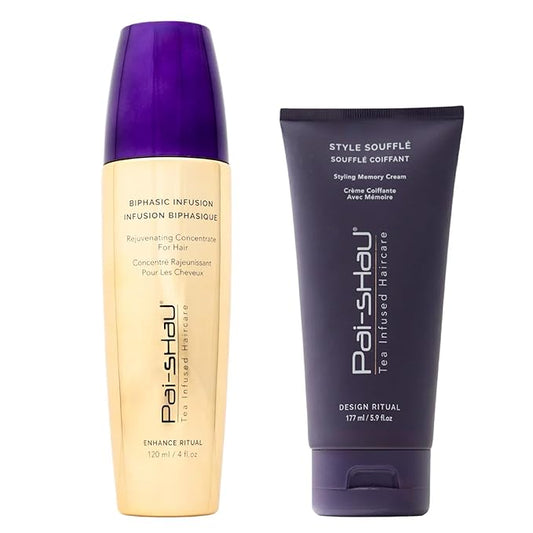 Pai-Shau Biphasic Infusion & Style Soufflé Set - Oil-Free Hair Rejuvenating Serum - Provides Shine, Thermal, and Environmental Protection, 4oz & Medium Hold Styling Cream for All Hair Textures, 5.9oz