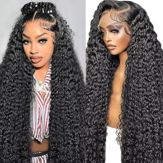 13x6 Deep Wave Lace Front Wigs Human Hair 36 Inch 200 Density HD Lace Frontal Glueless Wigs Human Hair Pre Plucked Deep Curly Natural Black