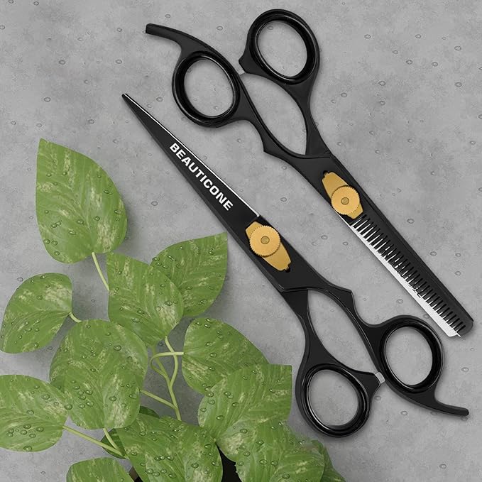 BEAUTICONE Hair Cutting & Thinning Scissors Set | 6.5 Inch Professional Stainless Steel Barber Shears | Hairdressing Scissors | Smooth & Sharp Edge Blades - for Men/Women (Black set of 2)