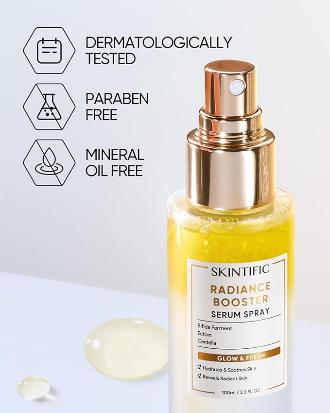 SKINTIFIC Radiance Booster Serum Spray, Hydrating Face Mist with Bifida Ferment & Squalane, Instant Dewy Glow, Soothes Skin, Vegan Skin Care, All In One Mist 3.3 fl oz