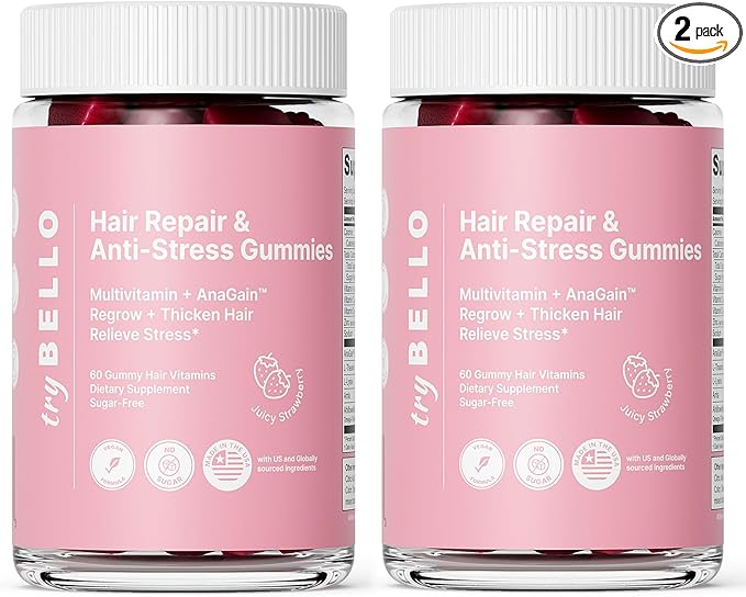 Trybello Anti-Stress & Hair Growth Gummies for Women | Sugar-Free, Vegan Hair Supplements | Gluten-Free, Soy-Free, Dairy-Free Gummy Vitamins for Thicker, Healthier Hair | 60 Servings | 2 Pack Combo