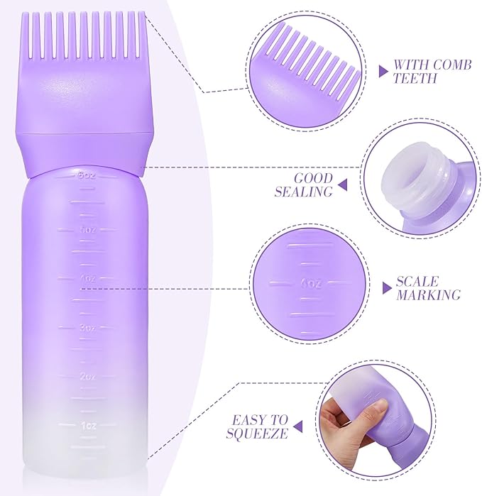 Pimoys 2 Pack Root Comb Applicator Bottle 6 Ounce Oil Applicator for Hair Dye Hair Oiling Bottle Applicator Brush with Graduated Scale, Gradient Color