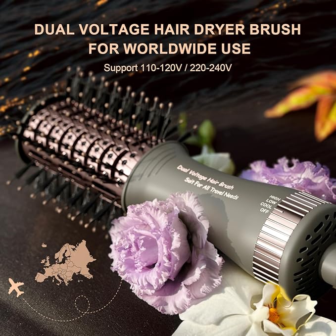 Travel Dual Voltage Blow Hair Dryer Brush 4-IN-1 Portable Mini Hot Air Dryer Straightener & Curler Brush, Titanium Round Blowout Styler Volumizer Tools, 110/240V US/EU/UK Plug for International Travel