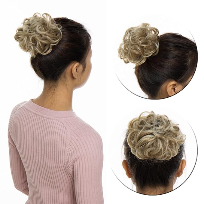 Benehair Messy Bun Hair Piece Scrunchy Updo Hair Pieces for Women Fluffy Wavy Hair Bun Scrunchies Donut Hairpiece Synthetic Chignons With Elastic Rubber Band Light Ash Brown to Bleach Blonde 2pcs 50g