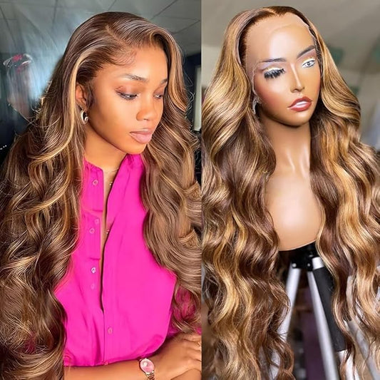 13x5 Honey Blonde Ombre Lace Front Wigs Human Hair Pre Plucked with Baby Hair 180 Density 4/27 Highlight Colored Body Wave Hd Frontal Wigs Human Hair 28 Inch
