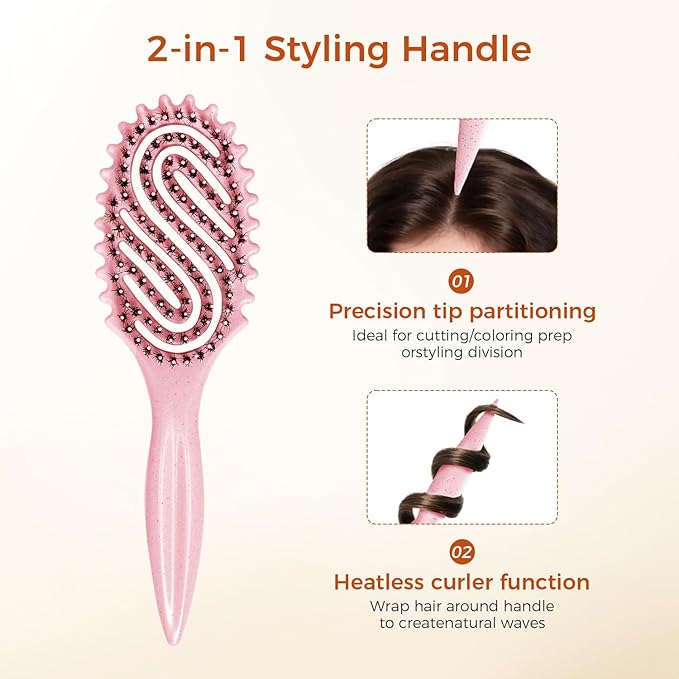 Curly Hair Brush, Curl Defining Brush with Soft Boar Bristles for Combing, Shaping, and Styling Curly Hair Suitable for All Women and Men with Wet & Dry Hair(Pink)