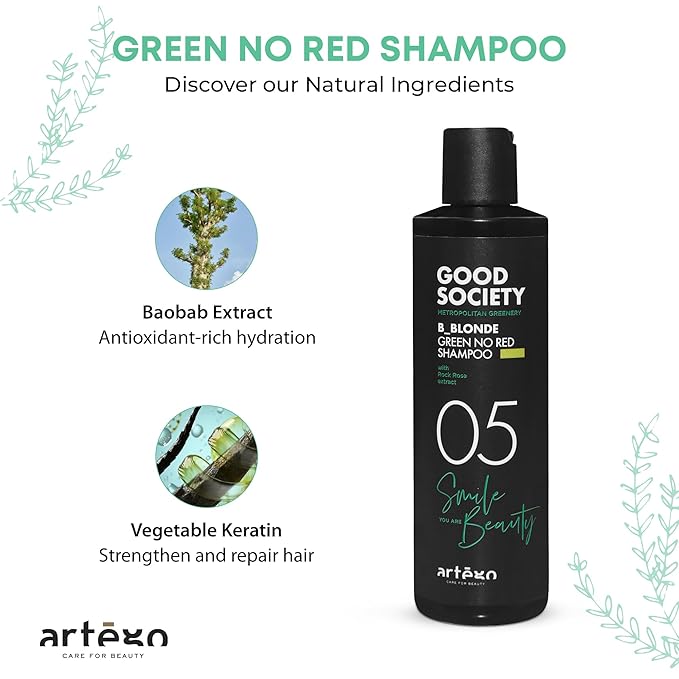 Artègo Good Society B_Blonde Green No Red Shampoo (8.5 fl oz) – Tone Neutralizing Shampoo for Blonde, Bleached & White Hair