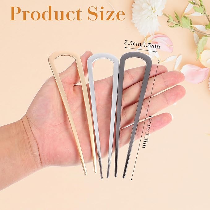 3 Pcs French Hair Pins for Women, U Shaped Hairs Pins, Metal Gold Hairs Accessories, for French Twists, Buns and Updos with No Hair Damage Comfortable Keeps in Place (Gold+Silver+Black)