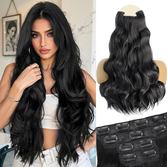 Vigorous Clip in Hair Extensions 4Pcs Black Hair Extension 24 Inch Long Wavy Soft Synthetic Hairpieces for Women