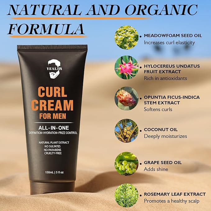 Curl Cream for Men, 5oz | Defines Curls, Controls Frizz & Hydrates with Medium Hold | Sulfate-Free, Organic & Natural Ingredients | Lightweight, Non-Greasy Styling Cream for Wavy & Curly Hair