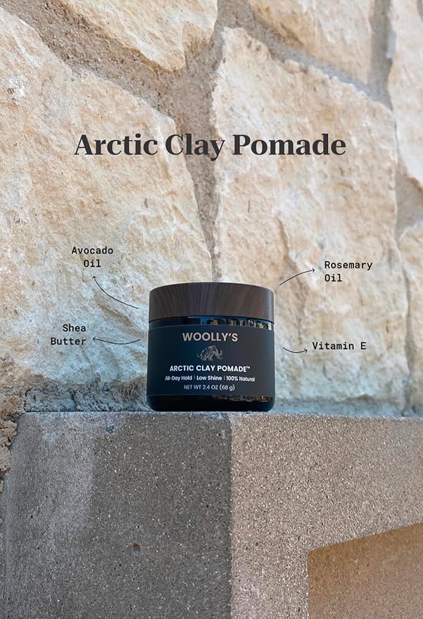 Woolly's Arctic Clay Pomade - 100% All Natural Hair-Healthy Ingredients. All day, flexible hold. Easy washout. Low Shine, Natural Finish.