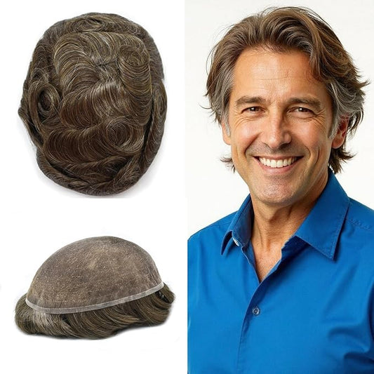 Toupee For Men Real Human Hair System Full Swiss Lace Mens Toupee Lace Hair Piece For Men Hair System Bleached Knots 8x10-80% light density#430 4# MEDIUM BROWN+30% GREY