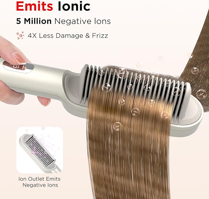 Prizm Hair Straightener Brush, 20s Fast Heating, Negative Ions Hair Straightening Comb with Less Frizz, 4 Temp Settings & LED Display, Anti-Scald Design for Home Salon, Dual Voltage, Champagne Silver