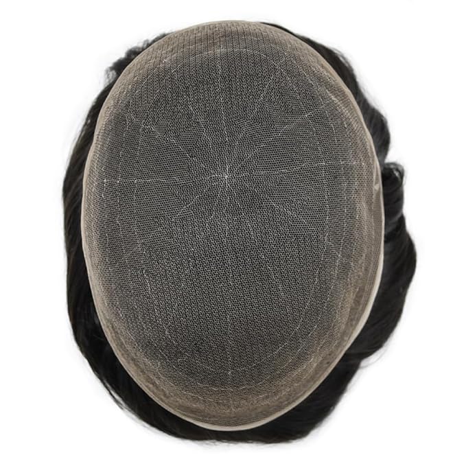 Toupee For Men Real Human Hair System For Men Full Swiss Lace Mens Toupee Lace Hair Piece For Mens Hair System Bleached Knots 7x9 120% Medium light density 1B# OFF BLACK