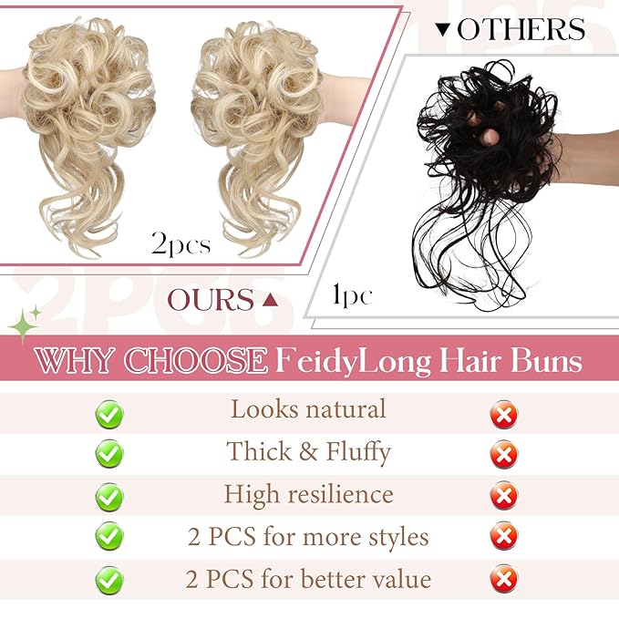 2PCS Messy Bun Hair Piece Tousled Updo with Tendrils Wavy Curly Hair Bun Scrunchies Ponytail Extension Elastic Band Hairpieces For Women (Ash blonde mix Bleach Blonde)