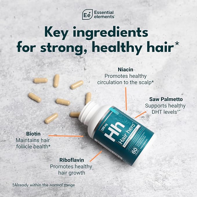 Essential Elements® Hair Hero™ - Hair Vitamins for Men - Broad-Spectrum Support with 5000 mcg Biotin - 60 Count - 30 Servings (2-Pack)