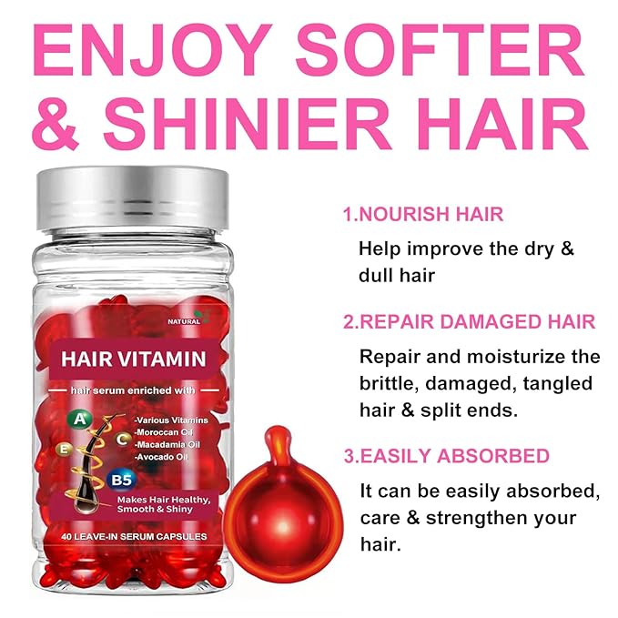 Hair Treatment Oil For Damaged Hair, Hair Treatment Serum For Frizzy & Dry Hair, Hair Vitamin Oil Capsules with Argan, Avocado, Moroccan Oil, Anti Frizz Leave in Conditioner with Vitamin A, C, E & B5