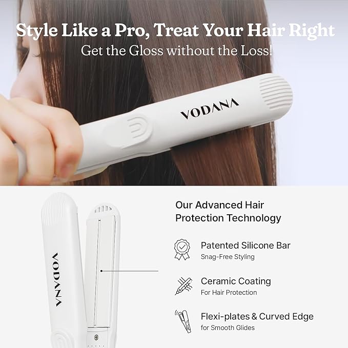 VODANA Professional Softbar Flat Iron - Ceramic Straightener with Patented Silicone Bar, Smooth & Quick Styling, Healthy Hair Solution, Dual Voltage for Worldwide Use (1 inch, White Gray)