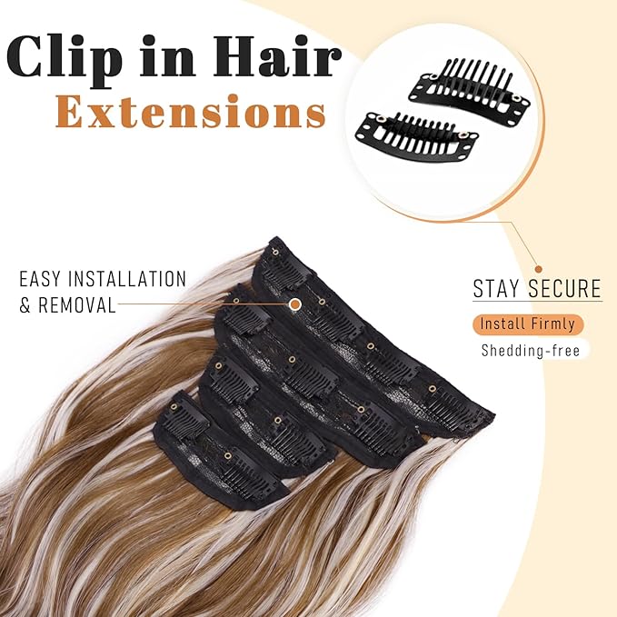 Vigorous Clip in Hair Extensions 20Inch Golden brown mixed Highlights Hair Extension Clip Ins 4Pcs Long Wavy Soft Synthetic Hairpieces for Women Girls Daily Use Event Party Use