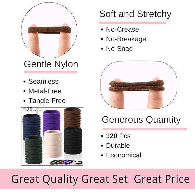 120 Pcs No Damage Hair Ties for Women Thick Hair,Large Soft Seamless Nylon Cloth Hair Ties Ponytail Hair Holders Hair Elastics Hair Band for Women Hair Accessories Neutrals 4