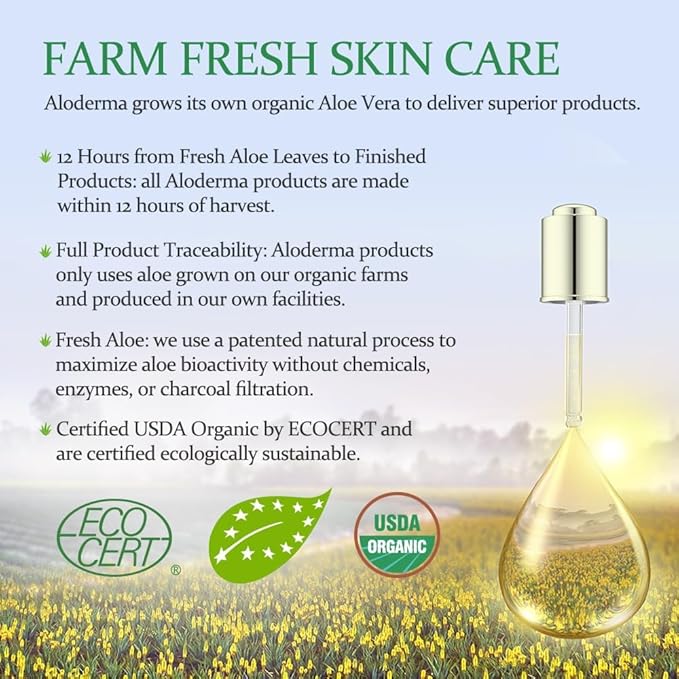 Aloderma Organic Aloe Vera Gel for Face & Body, 96% Pure Aloe Gel Made within 12 Hours of Harvest, Ideal for Skin, Scalp, & Hair Hydration, Calming Moisturizer for Soothing After Sun Care, 7.05oz