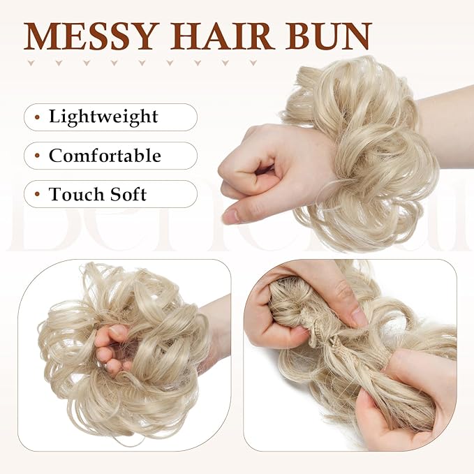 Benehair Messy Bun Hair Piece Scrunchy Updo Hair Pieces for Women Fluffy Wavy Hair Bun Scrunchies Donut Hairpiece Synthetic Chignons with Elastic Rubber Band Ash Blonde mix Bleach Blonde 2pcs 50g