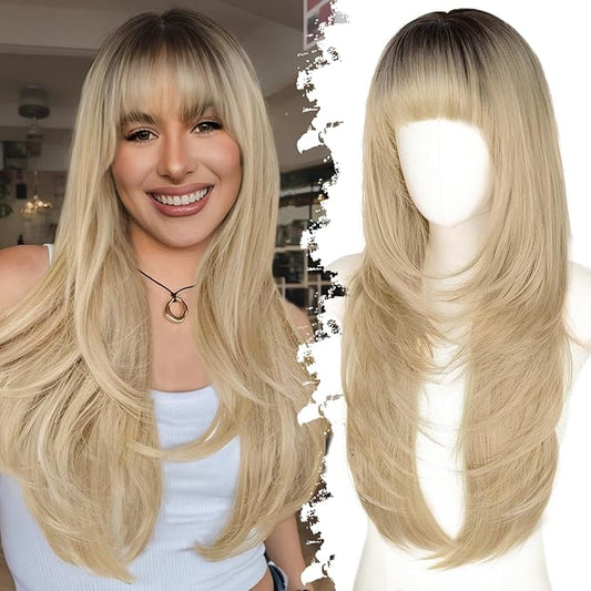 Long Blonde Wig with Bangs for Women- Dark Root to Blonde,4x4 Realistic Scalp,Free Parting,Layered Hairstyle Synthetic Heat Resistant for Daily Party Use 26 inch