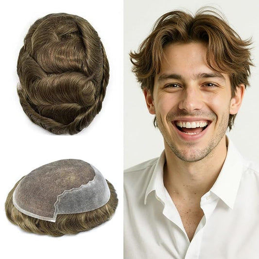 Mens Hair System French Lace Front Bleached Knots Human Hair Toupee for Men Hairpiece