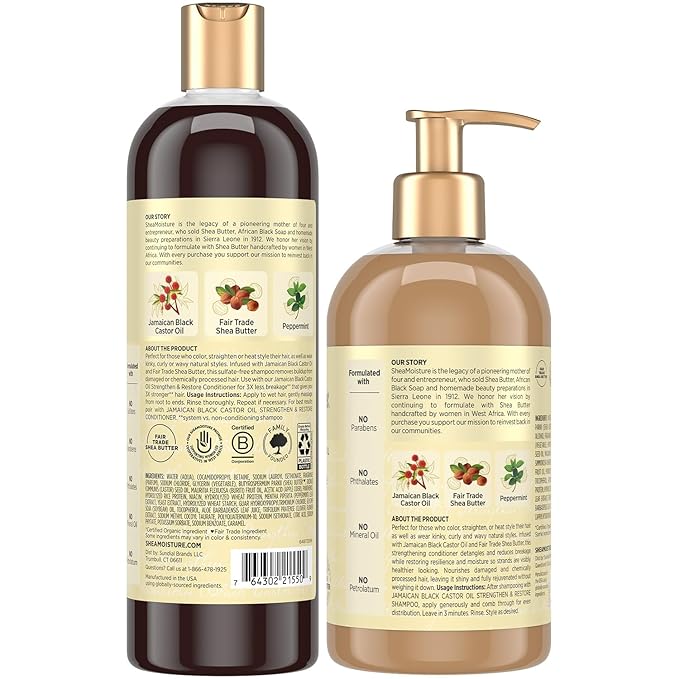 Shea Moisture Jamaican Black Castor Oil Clarifying Shampoo & Conditioner - Strengthen & Restore Sulfate-Free Shampoo & Conditioner Set with Shea Butter, ACV, and Peppermint Oil for Hair (2 Piece Set)