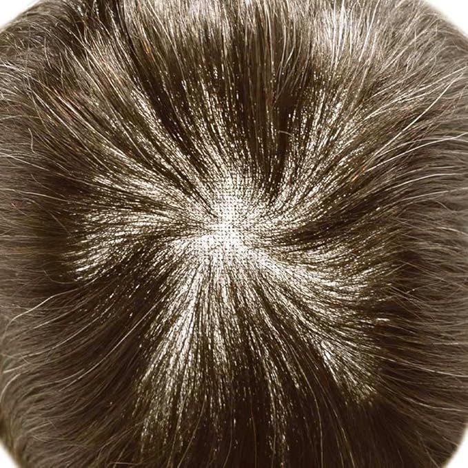 Toupee for Men Real Human Hair Swiss Lace Hairpiece for Men Hair Replacement System Poly Coated Mens Hairpieces Breathable Mens Hair System 7X10-120% Density 620# 6# LIGHT BROWN +20% GREY