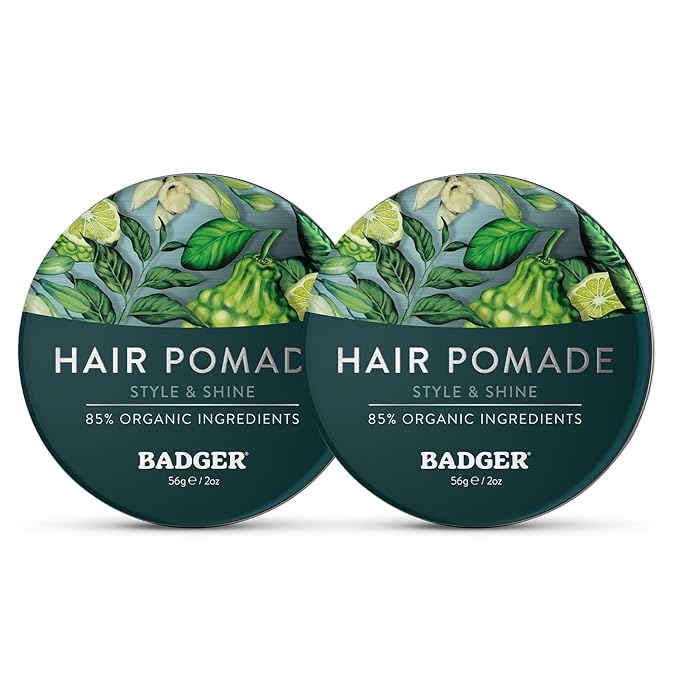 Badger Hair Pomade for Men, Organic, Easy to Use, Subtle Masculine Scent, Medium Hold Hair Pomade with Medium Shine Finish, Nourishes Hair & Scalp 2 oz Tin, 2-Pack