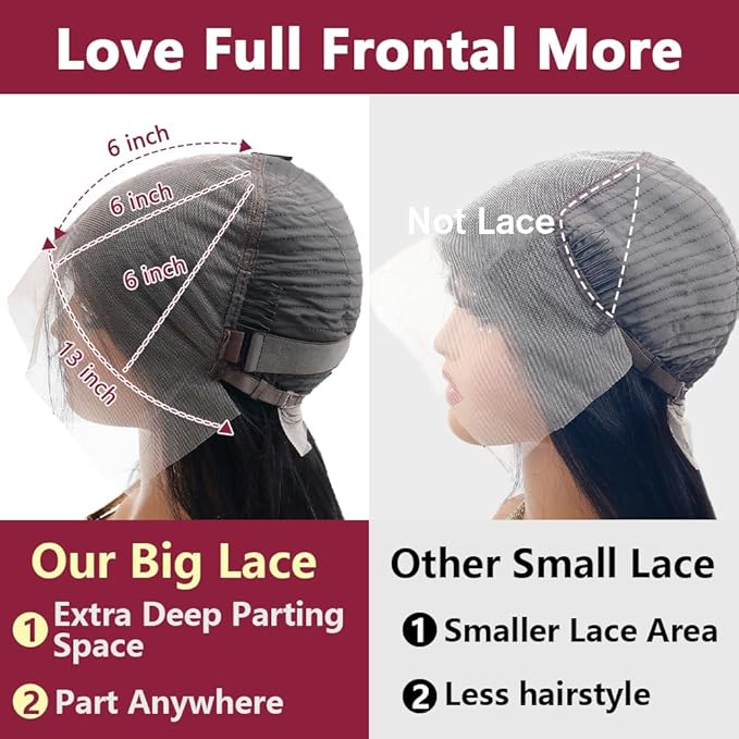 250 Density Straight Lace Front Wigs Human Hair 13x6 Full Lace Frontal Wigs 12A Brazilian Virgin Human Hair Wigs Extra Deep Parting Full Large Lace Wigs for Black Women #1B 16Inch