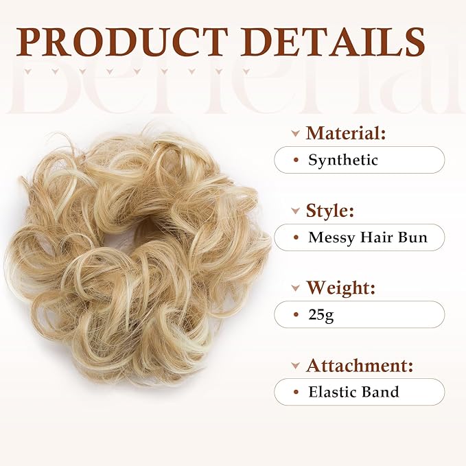 Benehair Messy Bun Hair Piece Scrunchy Updo Hair Pieces for Women Fluffy Wavy Hair Bun Scrunchies Donut Hairpiece Synthetic Chignons With Elastic Rubber Band Dark Blonde & Bleach Blonde 1pc 25g