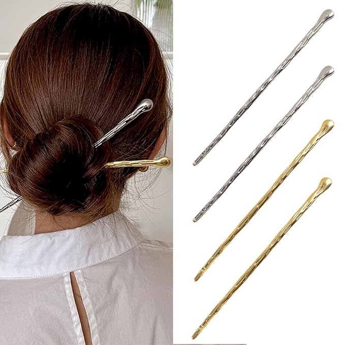 4 Pcs Hair sticks for buns,French hair pins for women,Buns and Updos with No Hair Damage, Metal Texture Pin Great Hold,Suitable for fine & thick hairUS306