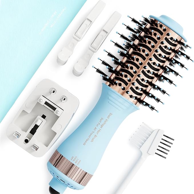 Travel Size Hair Dryer Dual Voltage Hair Styler, 110-240V 2 Inch Oval Jet Brush, Blow Dryer with Universal Adapter for Worldwide Use