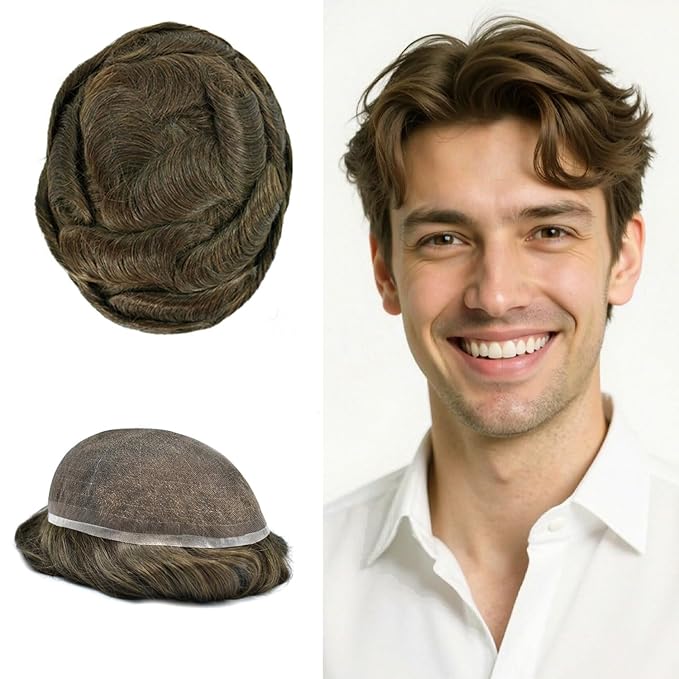 Toupee For Men Real Human Hair System Full Swiss Lace Mens Toupee Lace Hair Piece For Men Hair System Bleached Knots 7x9-80% light density4ASH#