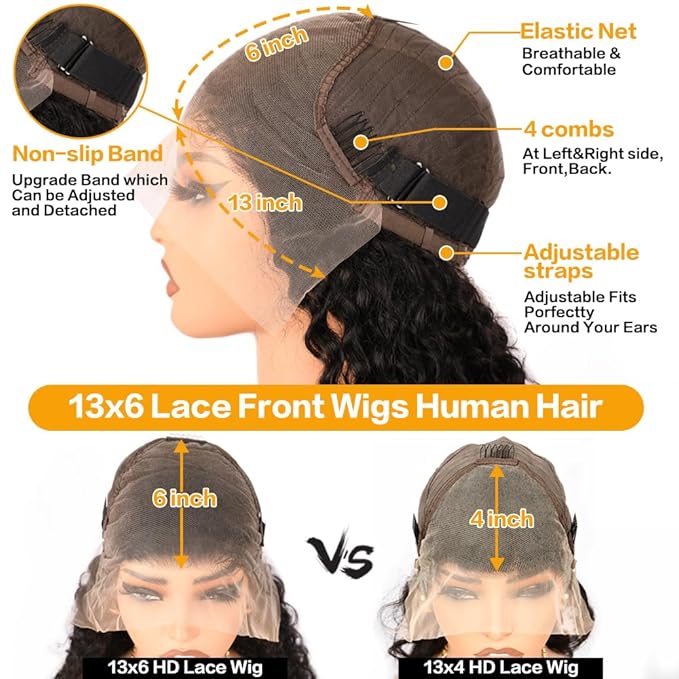 13x6 Deep Wave Lace Front Wigs 200% Density 13x6 HD Transparent Frontal Wigs for Women Deep Curly Glueless Wigs Pre Plucked with Baby Hair Natural Black (32Inch)