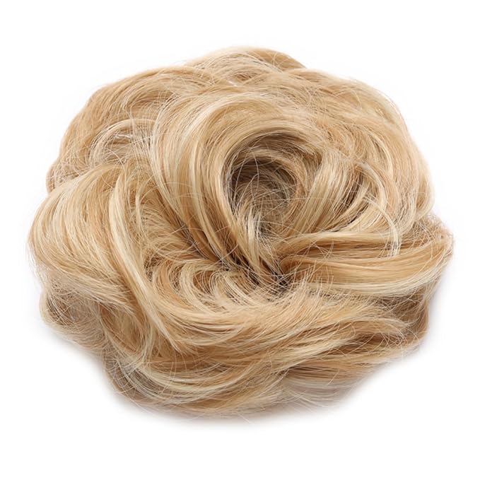 Benehair Hair Bun Hairpiece Scrunchy Updo Hair Pieces Fluffy Scrunchies Donut Hairpiece Synthetic Curly Wavy Messy Chignons With Elastic Rubber Band Golden Blonde & Bleach Blonde-Thicker 2pcs 70g