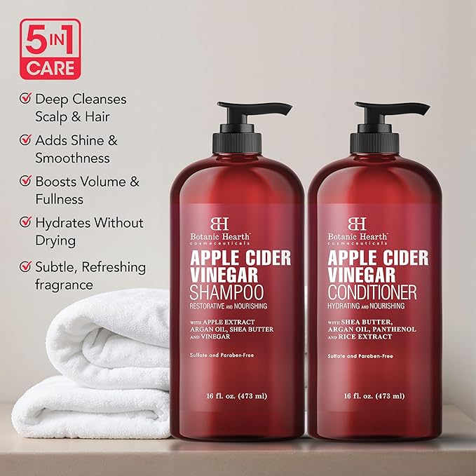 Botanic Hearth Apple Cider Vinegar Shampoo and Conditioner Set | Helps Dry Itchy Scalp, Dandruff, Frizz and Hair Loss | Color Safe, Sulfate Free Shampoo | All Hair Types, Men and Women, 16 fl oz each