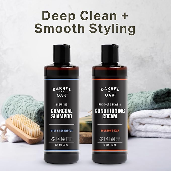 Barrel and Oak Shampoo and Conditioner Set, Mint and Eucalyptus Charcoal Shampoo and Bourbon Cedar Rinse-Out Leave In Conditioner for Men, Vegan Hair Care Essentials, 16 oz Each