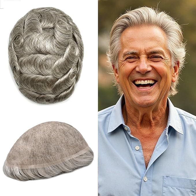 Toupee For Men Real Human Hair System For Men Full Swiss Lace Mens Toupee Lace Hair Piece For Mens Hair System Bleached Knots 8x10-80% light density#380 3# DARK BROWN+80% GREY