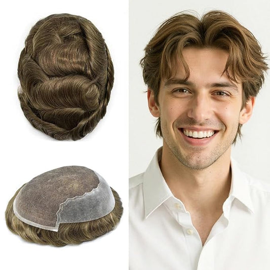 Mens Hair System French Lace Front Bleached Knots Human Hair Toupee for Men Hairpiece