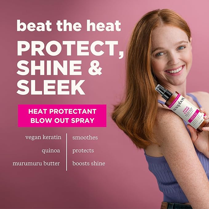 Soapbox Heat Protectant Spray, 8oz - Strengthening Hair Care, 3-in-1 Heat Protection, Shine Boosting, Anti Frizz Hair Spray, Vegan, Silicone Free, Sulfate Free, Color Safe