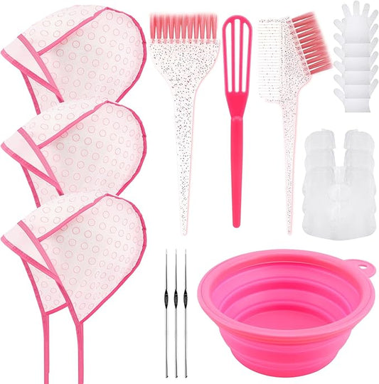 19PCS Hair Bleach Highlighting Kit with Hair Dye Brush and Bowl Set Color Whisk, Highlight Frosting Cap with Hook, Disposable Gloves Capes, Home Use Salon Tools for Hair Bleaching Coloring Dying