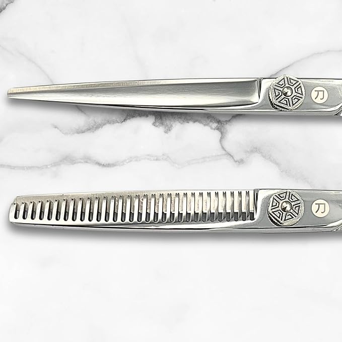 Saki Shears 6 Inch Set of Hair Cutting and Thinning Scissors With Flower Design on Handle and Finger Holes - 440C Stainless Steel - Professional Hair Cutting Set (Silver)